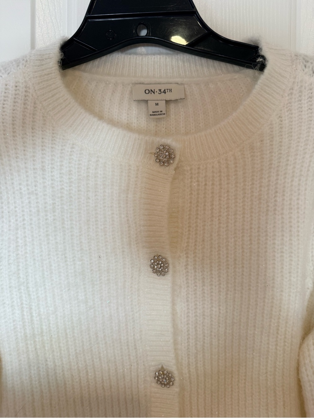 On 34th White Ivory Glitter Rib Knit Cardigan with Decorative Rhinestone Buttons
